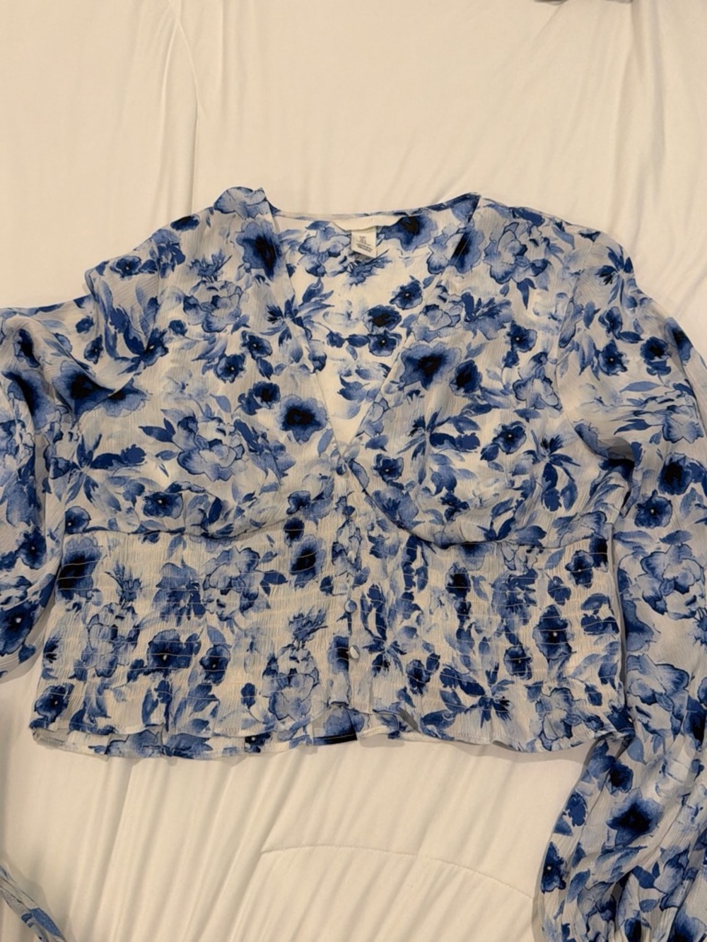 H&M White and Blue Floral Wrap Blouse